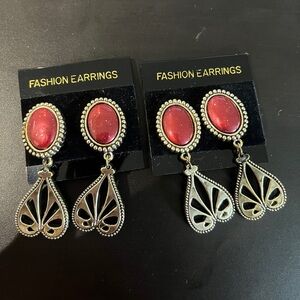 Vintage Dangle Clip On Costume Jewelry Ruby Faux Gem Drop Dangle Earrings Retro